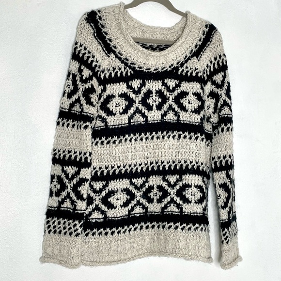 Free People Silver Reed Fair Isle Black Cream scoop Neck Cozy Sweater. Small - Picture 3 of 9